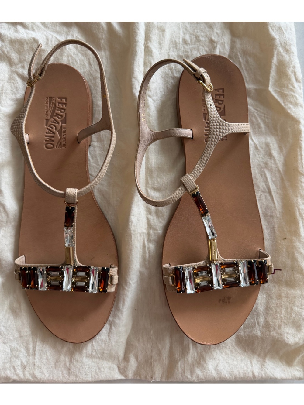 Salvatore Ferragamo Beige Jeweled T-Strap Sandals with Brown and Clear Stones